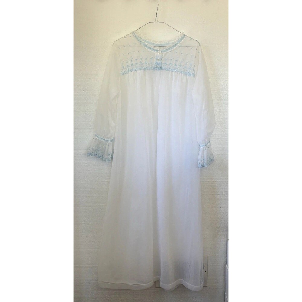 Vintage Komar White Sheer Nylon Peignoir Robe Duster Blue Embroidery Buttons L